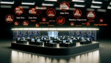 Modernes, dunkles Großraumbüro mit mehreren Arbeitsgruppen, leuchtenden Datenströmen und Kontrollzentrum sowie hervorgehobenen Datenbegriffen an unsichtbaren Trennwänden.