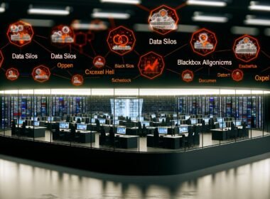 Modernes, dunkles Großraumbüro mit mehreren Arbeitsgruppen, leuchtenden Datenströmen und Kontrollzentrum sowie hervorgehobenen Datenbegriffen an unsichtbaren Trennwänden.