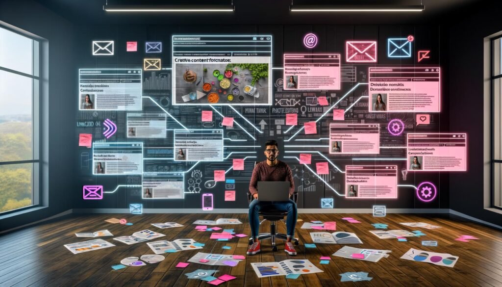 Kreativer Content-Schaffender vor digitalen Bildschirmen mit Blogartikeln, Social-Media-Posts, Videos und Newsletter-Layouts im modernen Büro, umgeben von Diagrammen, Post-its und Verbindungen zu verschiedenen Social-Media-Plattformen.