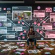 Kreativer Content-Schaffender vor digitalen Bildschirmen mit Blogartikeln, Social-Media-Posts, Videos und Newsletter-Layouts im modernen Büro, umgeben von Diagrammen, Post-its und Verbindungen zu verschiedenen Social-Media-Plattformen.