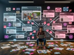 Kreativer Content-Schaffender vor digitalen Bildschirmen mit Blogartikeln, Social-Media-Posts, Videos und Newsletter-Layouts im modernen Büro, umgeben von Diagrammen, Post-its und Verbindungen zu verschiedenen Social-Media-Plattformen.