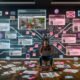 Kreativer Content-Schaffender vor digitalen Bildschirmen mit Blogartikeln, Social-Media-Posts, Videos und Newsletter-Layouts im modernen Büro, umgeben von Diagrammen, Post-its und Verbindungen zu verschiedenen Social-Media-Plattformen.
