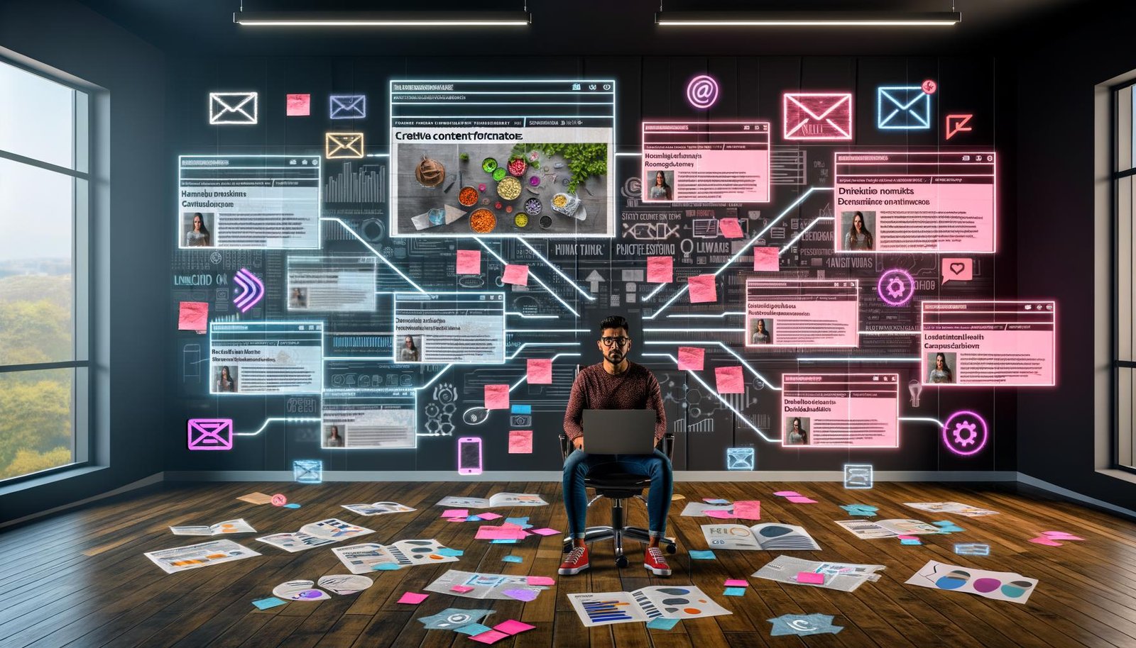 Kreativer Content-Schaffender vor digitalen Bildschirmen mit Blogartikeln, Social-Media-Posts, Videos und Newsletter-Layouts im modernen Büro, umgeben von Diagrammen, Post-its und Verbindungen zu verschiedenen Social-Media-Plattformen.