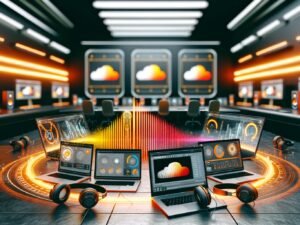 Digitaler Marketing-Arbeitsplatz mit Hightech-Audioausrüstung, SoundCloud-Wellenform, Laptops mit Dashboards, Kopfhörern und schwebenden Datencharts im futuristischen Studio.