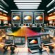 Digitaler Marketing-Arbeitsplatz mit Hightech-Audioausrüstung, SoundCloud-Wellenform, Laptops mit Dashboards, Kopfhörern und schwebenden Datencharts im futuristischen Studio.