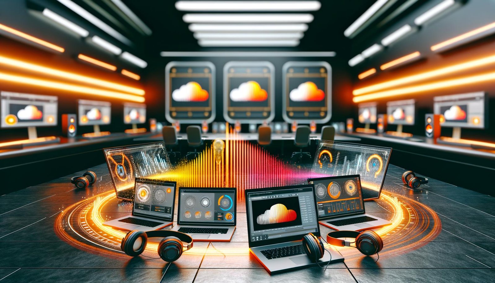 Digitaler Marketing-Arbeitsplatz mit Hightech-Audioausrüstung, SoundCloud-Wellenform, Laptops mit Dashboards, Kopfhörern und schwebenden Datencharts im futuristischen Studio.