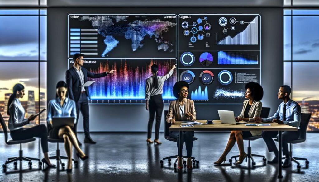 Team in modernem Büro betrachtet eine große, interaktive Daten-Dashboard-Wand mit klaren Diagrammen und Heatmaps.