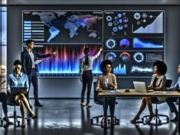 Team in modernem Büro betrachtet eine große, interaktive Daten-Dashboard-Wand mit klaren Diagrammen und Heatmaps.
