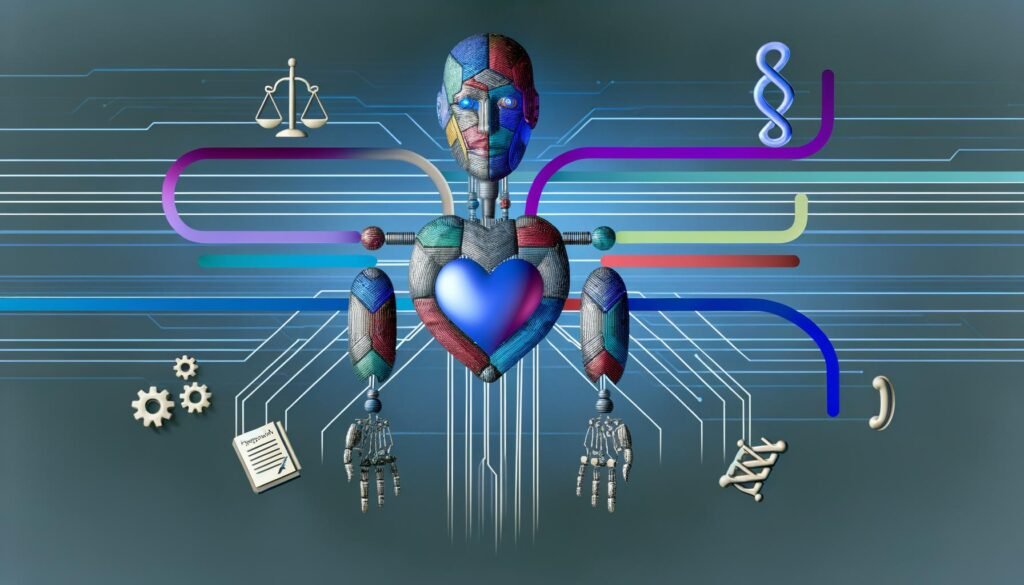 Modernes Titelbild: Abstrakte humanoide KI-Figur aus Metall und Geometrie, umgeben von bunten Leitplanken und schwebenden Symbolen für Ethik, Recht und Technik vor kühlen Meetingräumen und digitalen Netzwerken.
