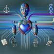 Modernes Titelbild: Abstrakte humanoide KI-Figur aus Metall und Geometrie, umgeben von bunten Leitplanken und schwebenden Symbolen für Ethik, Recht und Technik vor kühlen Meetingräumen und digitalen Netzwerken.