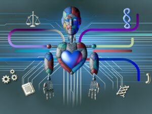 Modernes Titelbild: Abstrakte humanoide KI-Figur aus Metall und Geometrie, umgeben von bunten Leitplanken und schwebenden Symbolen für Ethik, Recht und Technik vor kühlen Meetingräumen und digitalen Netzwerken.