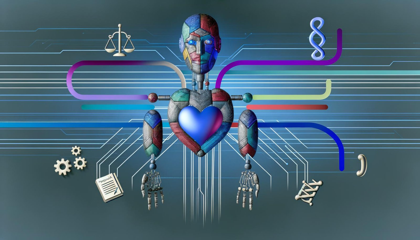 Modernes Titelbild: Abstrakte humanoide KI-Figur aus Metall und Geometrie, umgeben von bunten Leitplanken und schwebenden Symbolen für Ethik, Recht und Technik vor kühlen Meetingräumen und digitalen Netzwerken.