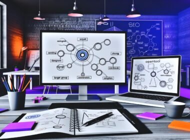 Moderner Loft-Arbeitsplatz mit zwei Monitoren, auf denen komplexe Diagramme, Keyword-Analysen und Content-Flows dargestellt sind. Im Vordergrund Notizbücher, Post-its und geöffnete Tools wie SEMrush und ChatGPT. Eine Hand hält einen Stift zum Skizzieren eines Frameworks.