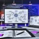 Moderner Loft-Arbeitsplatz mit zwei Monitoren, auf denen komplexe Diagramme, Keyword-Analysen und Content-Flows dargestellt sind. Im Vordergrund Notizbücher, Post-its und geöffnete Tools wie SEMrush und ChatGPT. Eine Hand hält einen Stift zum Skizzieren eines Frameworks.