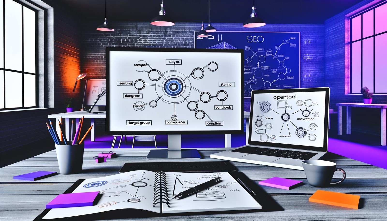 Moderner Loft-Arbeitsplatz mit zwei Monitoren, auf denen komplexe Diagramme, Keyword-Analysen und Content-Flows dargestellt sind. Im Vordergrund Notizbücher, Post-its und geöffnete Tools wie SEMrush und ChatGPT. Eine Hand hält einen Stift zum Skizzieren eines Frameworks.