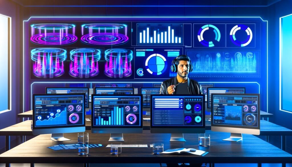 Moderner, in Blau und Violett gehaltener Arbeitsplatz mit mehreren Bildschirmen für Programmatic Advertising, Audio-Wellen, Zielgruppen und SoundCloud-Logo im Hintergrund.