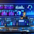 Moderner, in Blau und Violett gehaltener Arbeitsplatz mit mehreren Bildschirmen für Programmatic Advertising, Audio-Wellen, Zielgruppen und SoundCloud-Logo im Hintergrund.