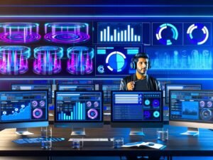 Moderner, in Blau und Violett gehaltener Arbeitsplatz mit mehreren Bildschirmen für Programmatic Advertising, Audio-Wellen, Zielgruppen und SoundCloud-Logo im Hintergrund.
