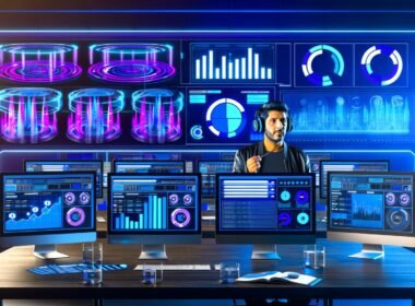 Moderner, in Blau und Violett gehaltener Arbeitsplatz mit mehreren Bildschirmen für Programmatic Advertising, Audio-Wellen, Zielgruppen und SoundCloud-Logo im Hintergrund.