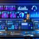 Moderner, in Blau und Violett gehaltener Arbeitsplatz mit mehreren Bildschirmen für Programmatic Advertising, Audio-Wellen, Zielgruppen und SoundCloud-Logo im Hintergrund.