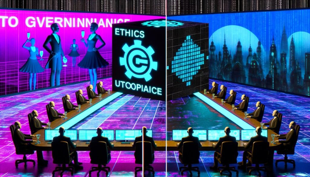 Illustration von KI-Ethik und Governance mit Robotern, Ethik-Gremien, Entwicklerteams, Governance-Säulen, Infografik zu Audit-Prozessen, digitalen Toolkits und einer glänzenden Roboterstatue, umgeben von holografischen Begriffen wie Ethik, Governance und Utopie. Im Vordergrund der Gegensatz zwischen Tech-Optimismus und realen Herausforderungen.