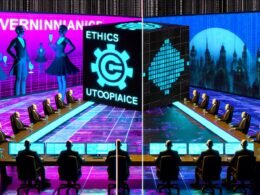 Illustration von KI-Ethik und Governance mit Robotern, Ethik-Gremien, Entwicklerteams, Governance-Säulen, Infografik zu Audit-Prozessen, digitalen Toolkits und einer glänzenden Roboterstatue, umgeben von holografischen Begriffen wie Ethik, Governance und Utopie. Im Vordergrund der Gegensatz zwischen Tech-Optimismus und realen Herausforderungen.