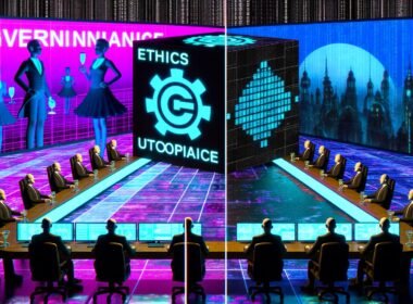 Illustration von KI-Ethik und Governance mit Robotern, Ethik-Gremien, Entwicklerteams, Governance-Säulen, Infografik zu Audit-Prozessen, digitalen Toolkits und einer glänzenden Roboterstatue, umgeben von holografischen Begriffen wie Ethik, Governance und Utopie. Im Vordergrund der Gegensatz zwischen Tech-Optimismus und realen Herausforderungen.