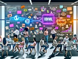 Kreatives Content-Marketing-Team beim Brainstorming, umgeben von Whiteboards, Monitoren, Notebooks, KI-Hologrammen und bunten Post-its in einem modernen Büro.