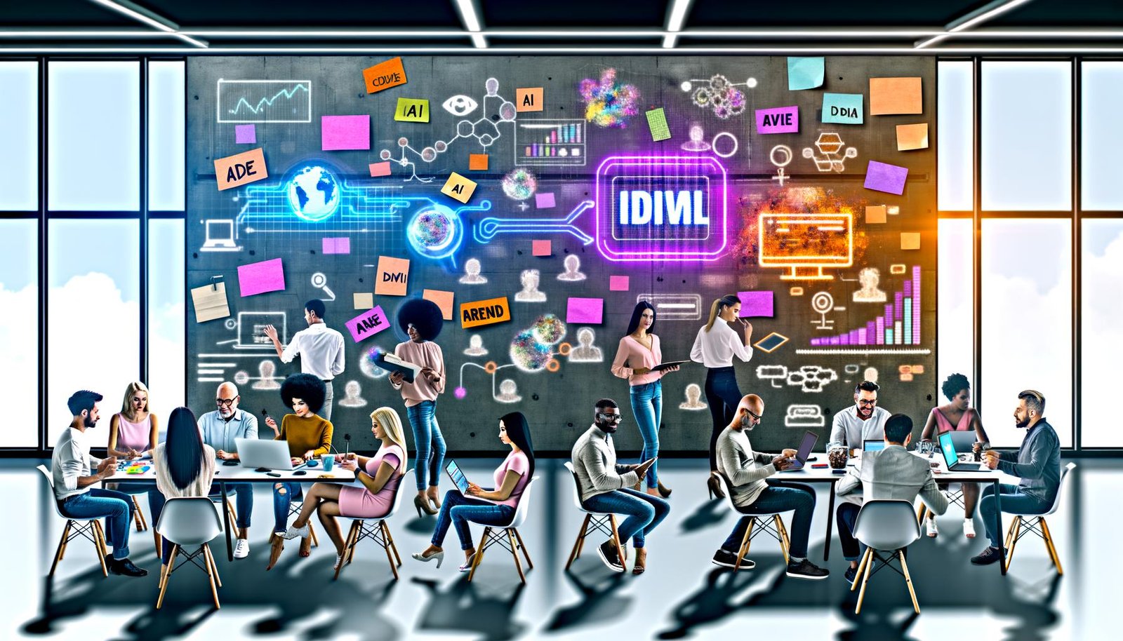 Kreatives Content-Marketing-Team beim Brainstorming, umgeben von Whiteboards, Monitoren, Notebooks, KI-Hologrammen und bunten Post-its in einem modernen Büro.