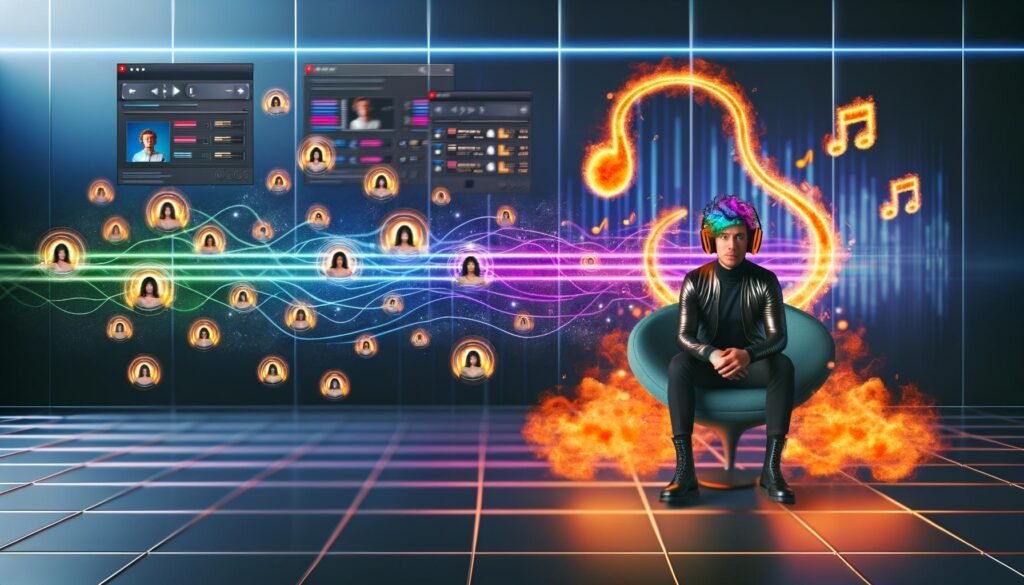 Junger Mensch mit Kopfhörern in stylischer Umgebung mit Neon-Soundwellen, Musiknoten, SoundCloud-Logos und Marketing-Dashboards