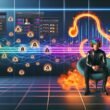 Junger Mensch mit Kopfhörern in stylischer Umgebung mit Neon-Soundwellen, Musiknoten, SoundCloud-Logos und Marketing-Dashboards