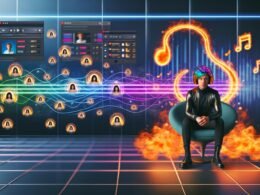 Junger Mensch mit Kopfhörern in stylischer Umgebung mit Neon-Soundwellen, Musiknoten, SoundCloud-Logos und Marketing-Dashboards