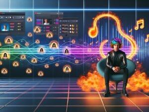 Junger Mensch mit Kopfhörern in stylischer Umgebung mit Neon-Soundwellen, Musiknoten, SoundCloud-Logos und Marketing-Dashboards