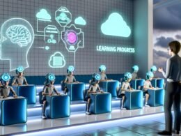 Schüler mit leuchtenden Neurochip-Headsets arbeiten an holografischen Benutzeroberflächen in einem modernen Klassenzimmer mit Cloud-Vernetzung und Brain-Computer-Diagrammen.