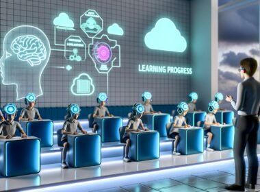 Schüler mit leuchtenden Neurochip-Headsets arbeiten an holografischen Benutzeroberflächen in einem modernen Klassenzimmer mit Cloud-Vernetzung und Brain-Computer-Diagrammen.