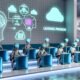 Schüler mit leuchtenden Neurochip-Headsets arbeiten an holografischen Benutzeroberflächen in einem modernen Klassenzimmer mit Cloud-Vernetzung und Brain-Computer-Diagrammen.