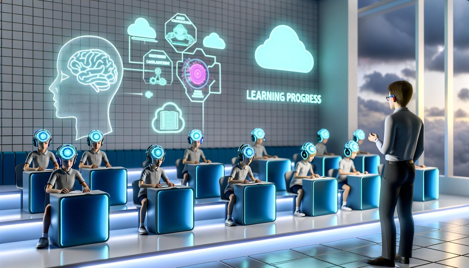 Schüler mit leuchtenden Neurochip-Headsets arbeiten an holografischen Benutzeroberflächen in einem modernen Klassenzimmer mit Cloud-Vernetzung und Brain-Computer-Diagrammen.