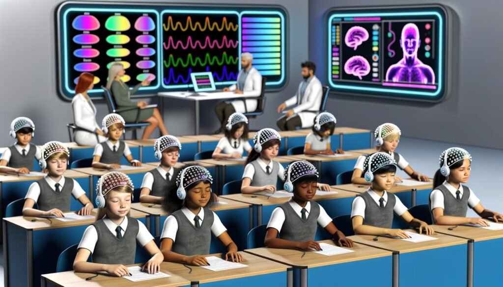 Futuristisches Klassenzimmer mit Schülern, die EEG-Headsets tragen, und Hologrammen über ihren Köpfen, welche die Gehirnaktivität visualisieren.