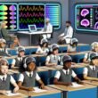 Futuristisches Klassenzimmer mit Schülern, die EEG-Headsets tragen, und Hologrammen über ihren Köpfen, welche die Gehirnaktivität visualisieren.