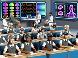 Futuristisches Klassenzimmer mit Schülern, die EEG-Headsets tragen, und Hologrammen über ihren Köpfen, welche die Gehirnaktivität visualisieren.