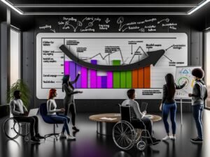Team aus drei Personen, darunter eine Frau, ein Mann mit Bart und eine Person im Rollstuhl, analysieren gemeinsam ein digitales Marketing-Dashboard mit markierten Peak-Ereignissen in einem modernen, inklusiven Büro.