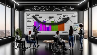 Team aus drei Personen, darunter eine Frau, ein Mann mit Bart und eine Person im Rollstuhl, analysieren gemeinsam ein digitales Marketing-Dashboard mit markierten Peak-Ereignissen in einem modernen, inklusiven Büro.