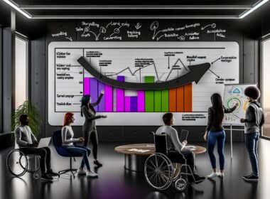 Team aus drei Personen, darunter eine Frau, ein Mann mit Bart und eine Person im Rollstuhl, analysieren gemeinsam ein digitales Marketing-Dashboard mit markierten Peak-Ereignissen in einem modernen, inklusiven Büro.