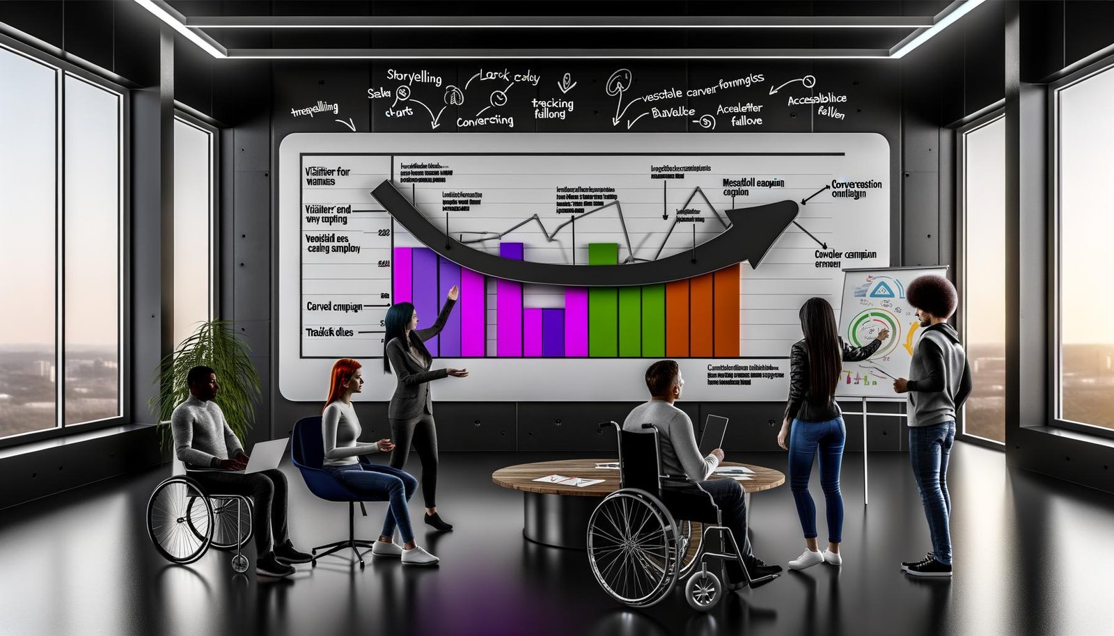 Team aus drei Personen, darunter eine Frau, ein Mann mit Bart und eine Person im Rollstuhl, analysieren gemeinsam ein digitales Marketing-Dashboard mit markierten Peak-Ereignissen in einem modernen, inklusiven Büro.