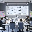 Modernes Büro mit vielfältigem Team vor einem digitalen Dashboard mit professionellen Datenvisualisierungen und methodischem Arbeitsumfeld.