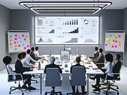 Modernes Büro mit vielfältigem Team vor einem digitalen Dashboard mit professionellen Datenvisualisierungen und methodischem Arbeitsumfeld.