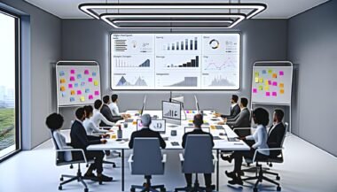 Modernes Büro mit vielfältigem Team vor einem digitalen Dashboard mit professionellen Datenvisualisierungen und methodischem Arbeitsumfeld.