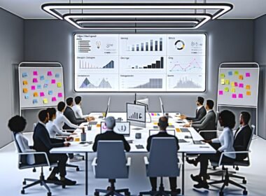 Modernes Büro mit vielfältigem Team vor einem digitalen Dashboard mit professionellen Datenvisualisierungen und methodischem Arbeitsumfeld.