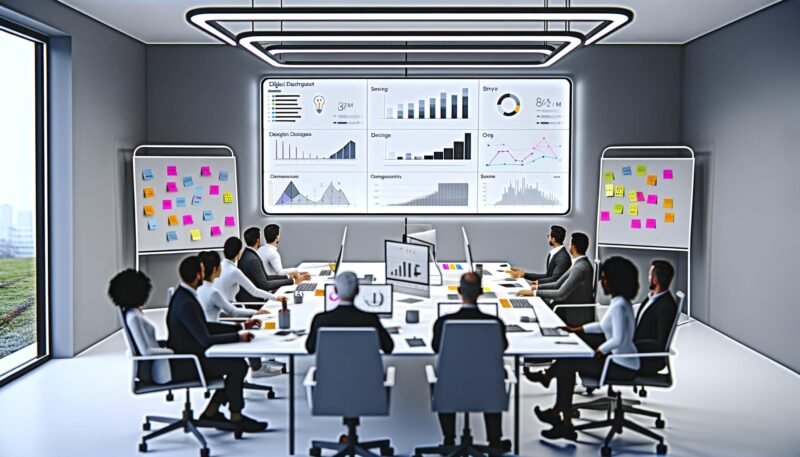 Modernes Büro mit vielfältigem Team vor einem digitalen Dashboard mit professionellen Datenvisualisierungen und methodischem Arbeitsumfeld.