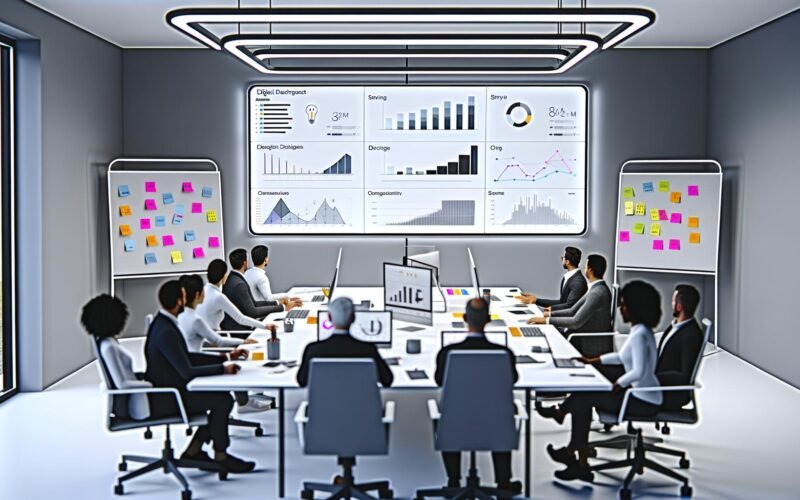 Modernes Büro mit vielfältigem Team vor einem digitalen Dashboard mit professionellen Datenvisualisierungen und methodischem Arbeitsumfeld.